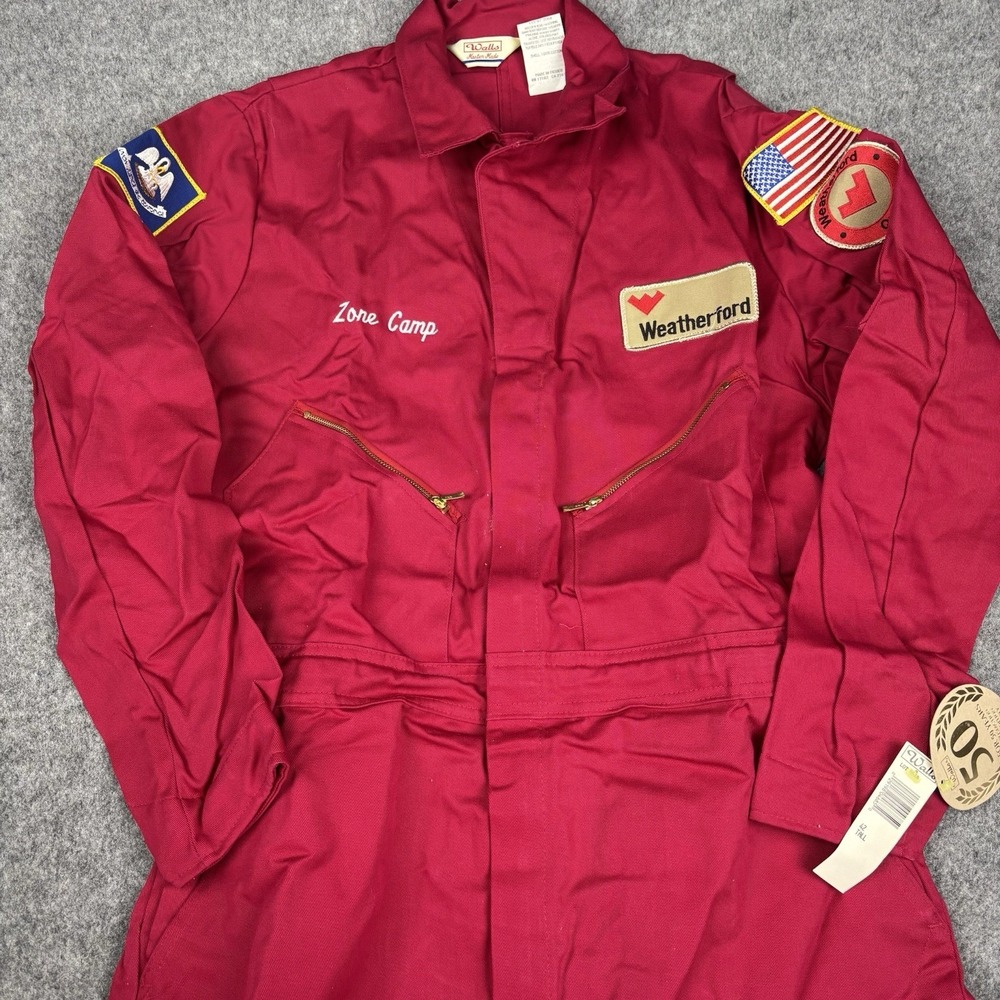 Vintage Walls Coveralls Mens 42 Tall Red Weatherford Workwear Embroidered Flag